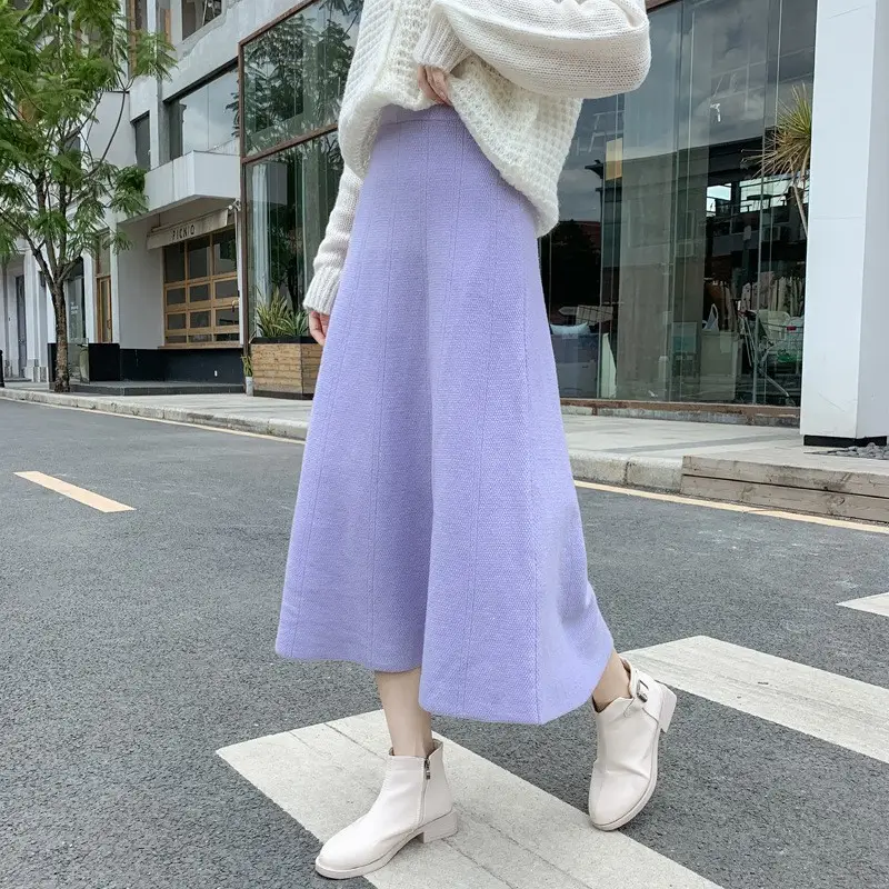 Women Knitted A-Line Woolen Skirt Blue Mid Length - Image 8