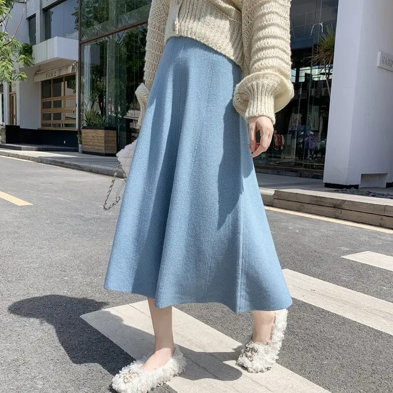 Women Knitted A-Line Woolen Skirt Blue Mid Length - Image 9
