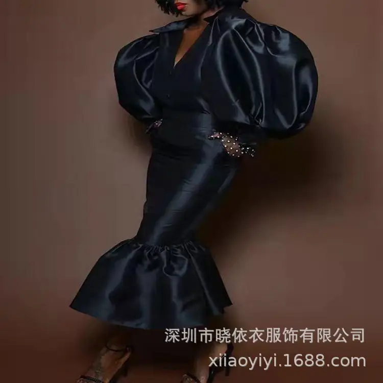 2025 Satin Long-Sleeve Skirt Suit Black