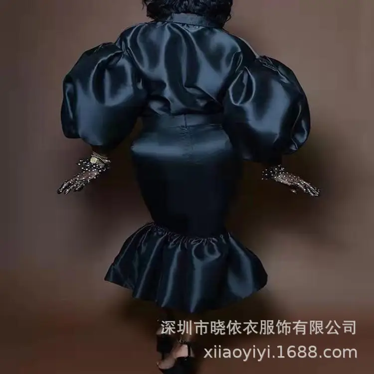 2025 Satin Long-Sleeve Skirt Suit Black