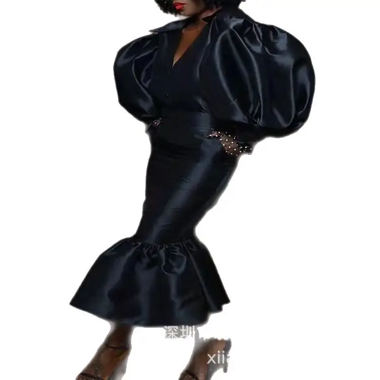 2025 Satin Long-Sleeve Skirt Suit Black