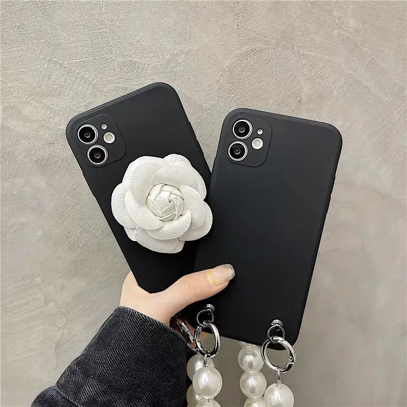 White Rose Phone Case for iPhone 12 with Pearl Chain - Image 2