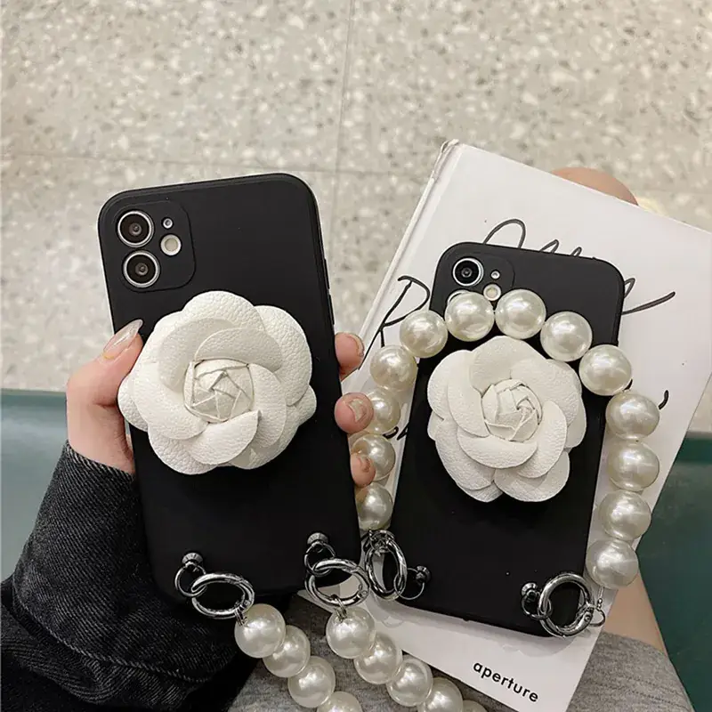 White Rose Phone Case for iPhone 12 with Pearl Chain - Image 3