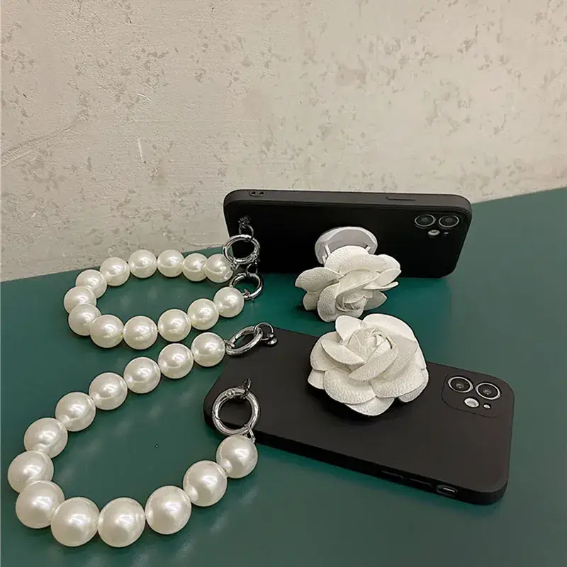 White Rose Phone Case for iPhone 12 with Pearl Chain - Image 4