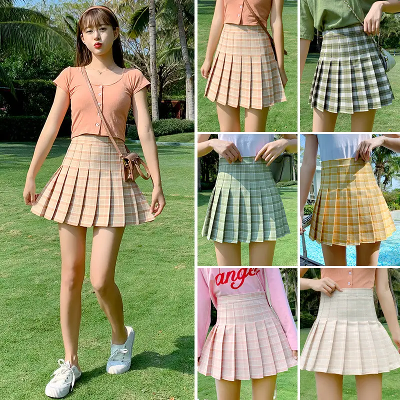 Women's Pink Plaid Pleated Skirt High Waist Summer 2025 - Image 3