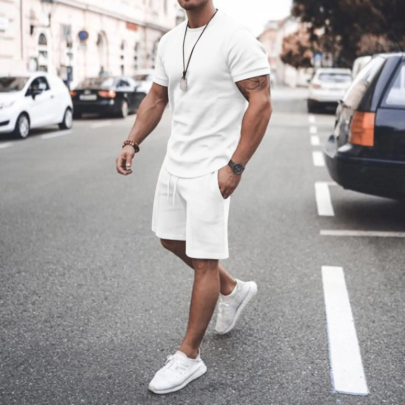 Men Summer Shorts Suit Beige Cotton Short Sleeve - Image 12
