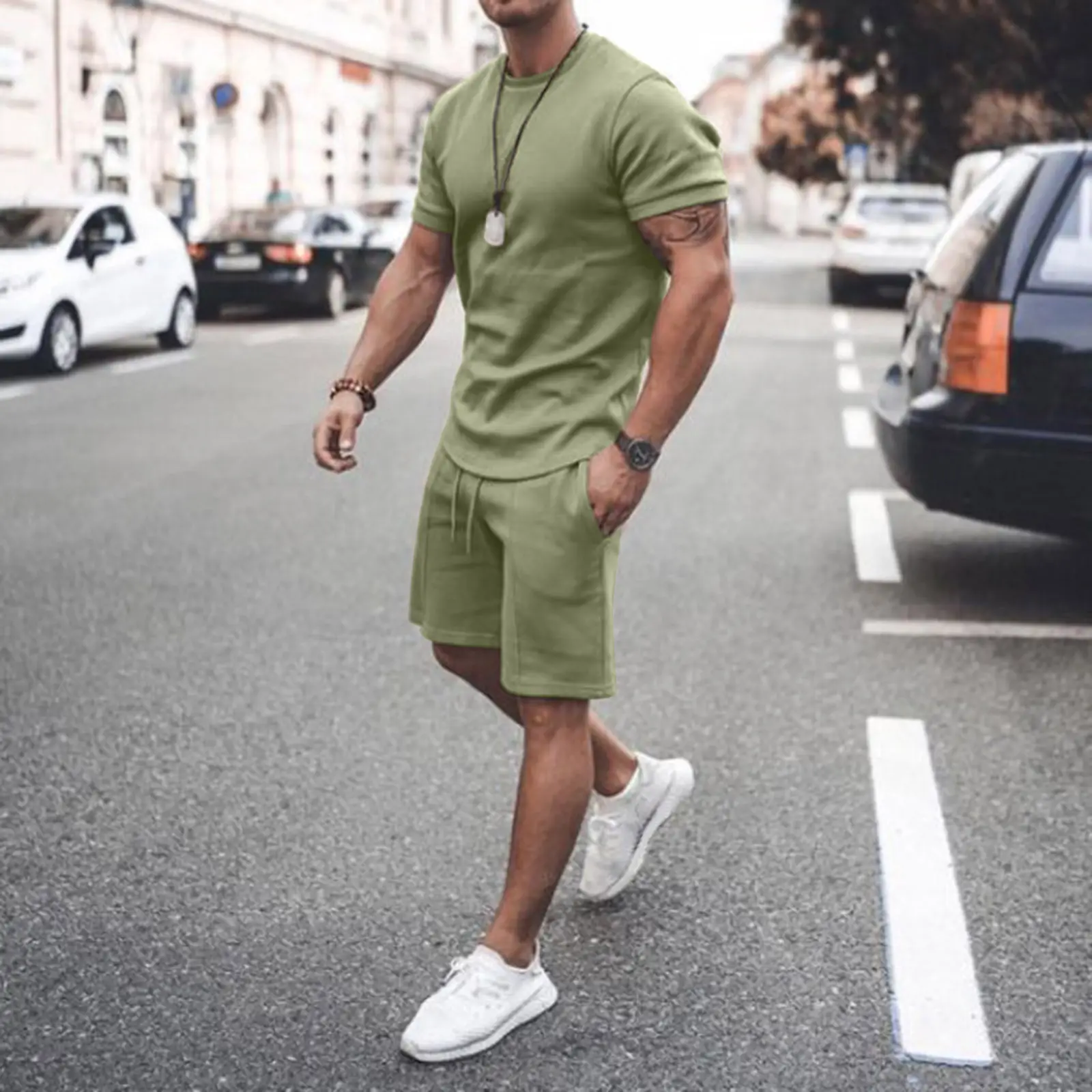 Men Summer Shorts Suit Beige Cotton Short Sleeve - Image 13