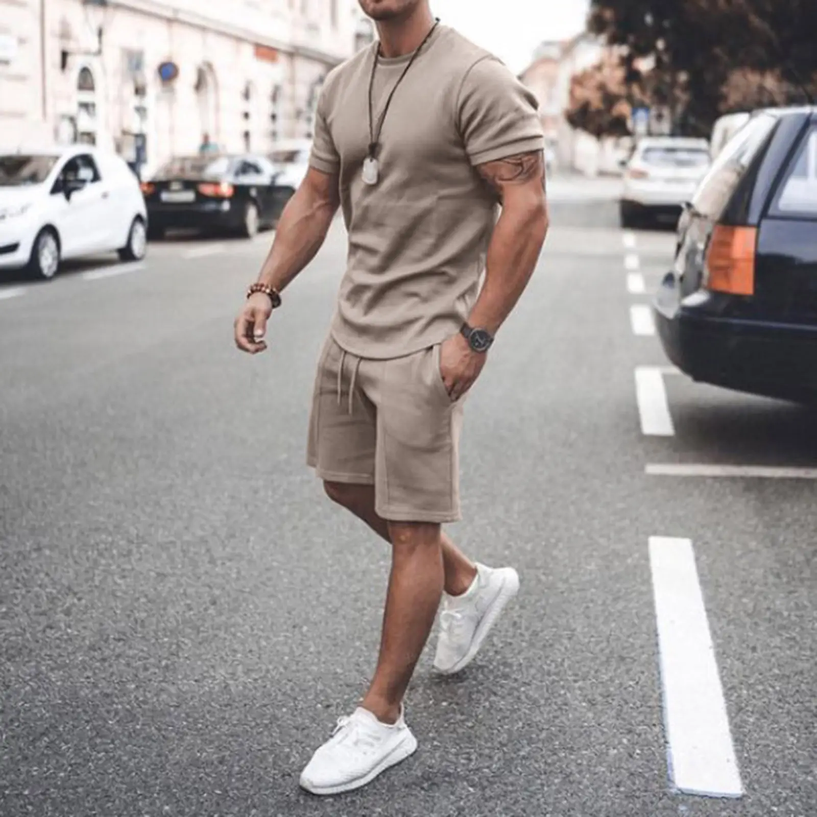 Men Summer Shorts Suit Beige Cotton Short Sleeve - Image 14