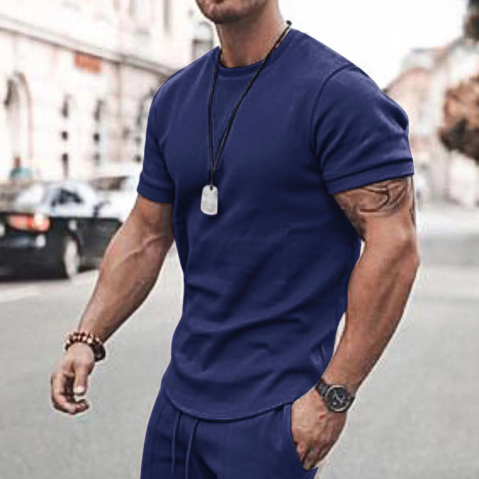 Men Summer Shorts Suit Beige Cotton Short Sleeve - Image 5