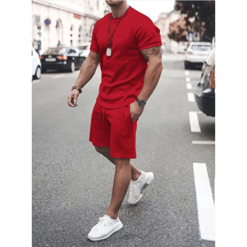 Men Summer Shorts Suit Beige Cotton Short Sleeve - Image 2