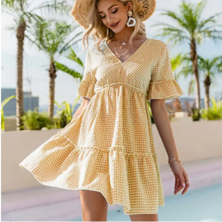 Summer 2021 V-Neck Lace-Up Dress Blue White Plaid