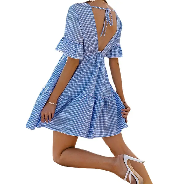 Summer 2021 V-Neck Lace-Up Dress Blue White Plaid