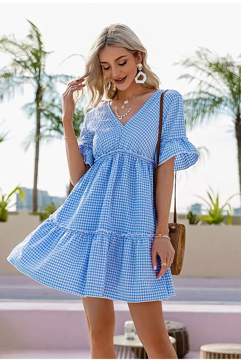 Summer 2021 V-Neck Lace-Up Dress Blue White Plaid — feature 2