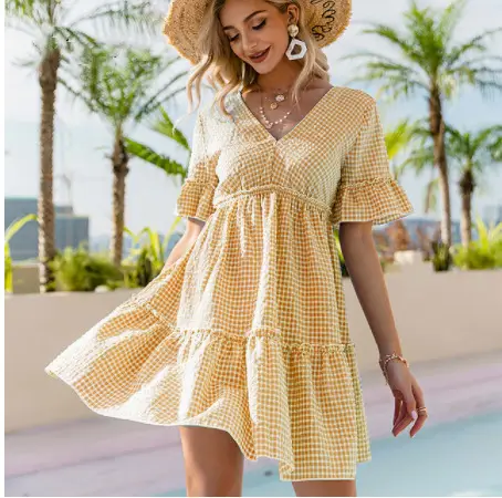 Summer 2021 V-Neck Lace-Up Dress Blue White Plaid — feature 6