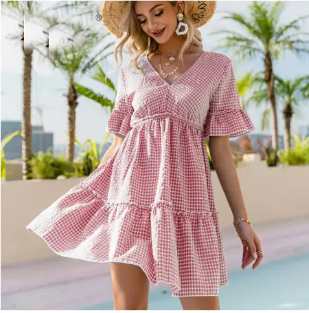 Summer 2021 V-Neck Lace-Up Dress Blue White Plaid — feature 7