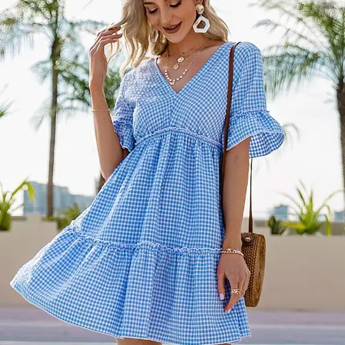 Summer 2021 V-Neck Lace-Up Dress Blue White Plaid