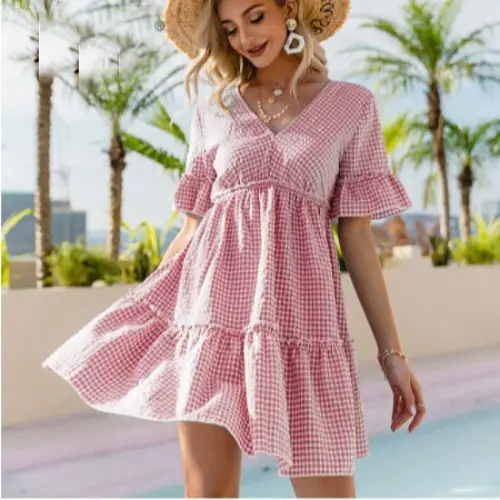 Summer 2021 V-Neck Lace-Up Dress Blue White Plaid