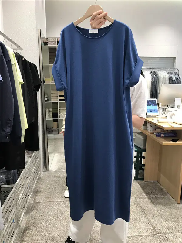 Women Loose Sleeve T-Shirt Mid Length Cotton Summer Dress - Image 2