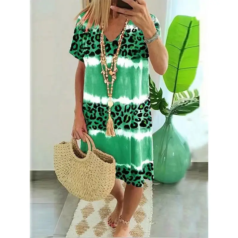 2024 Women Leopard Print Midi Dress Green Tie Dye Casual - Image 28