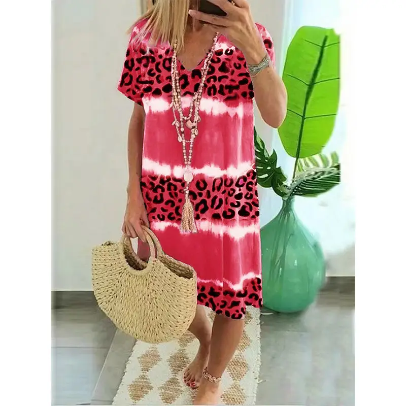 2024 Women Leopard Print Midi Dress Green Tie Dye Casual - Image 29