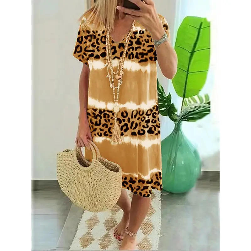 2024 Women Leopard Print Midi Dress Green Tie Dye Casual - Image 30