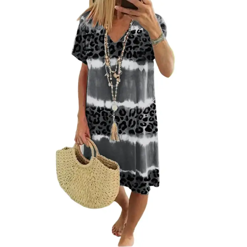2024 Women Leopard Print Midi Dress Green Tie Dye Casual - Image 7