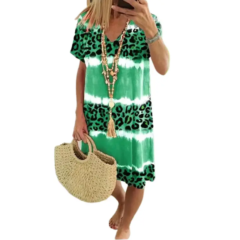 2024 Women Leopard Print Midi Dress Green Tie Dye Casual - Image 14