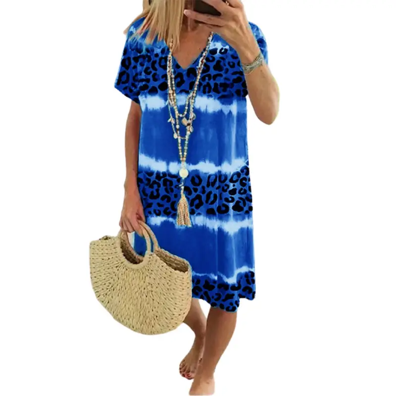 2024 Women Leopard Print Midi Dress Green Tie Dye Casual - Image 25