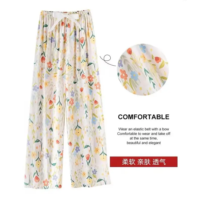 Cotton Silk Floral Wide Leg Pants for Women - Image 10