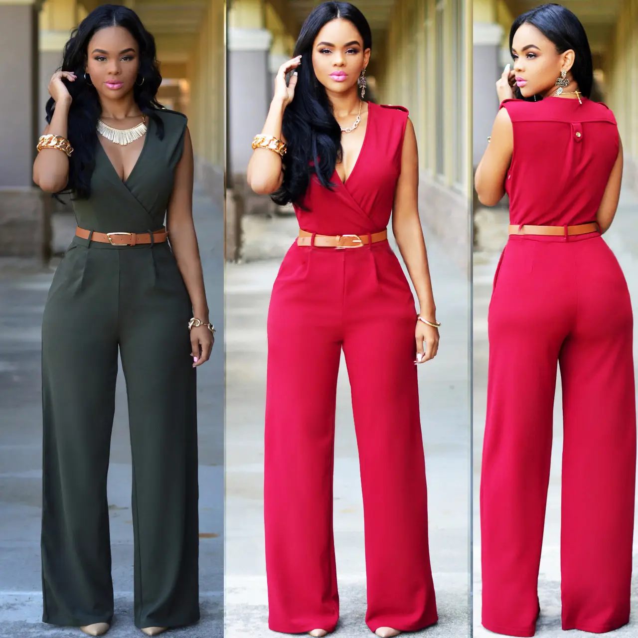 Women V-Neck Sleeveless Jumpsuit Red Green Pants Set - Image 12