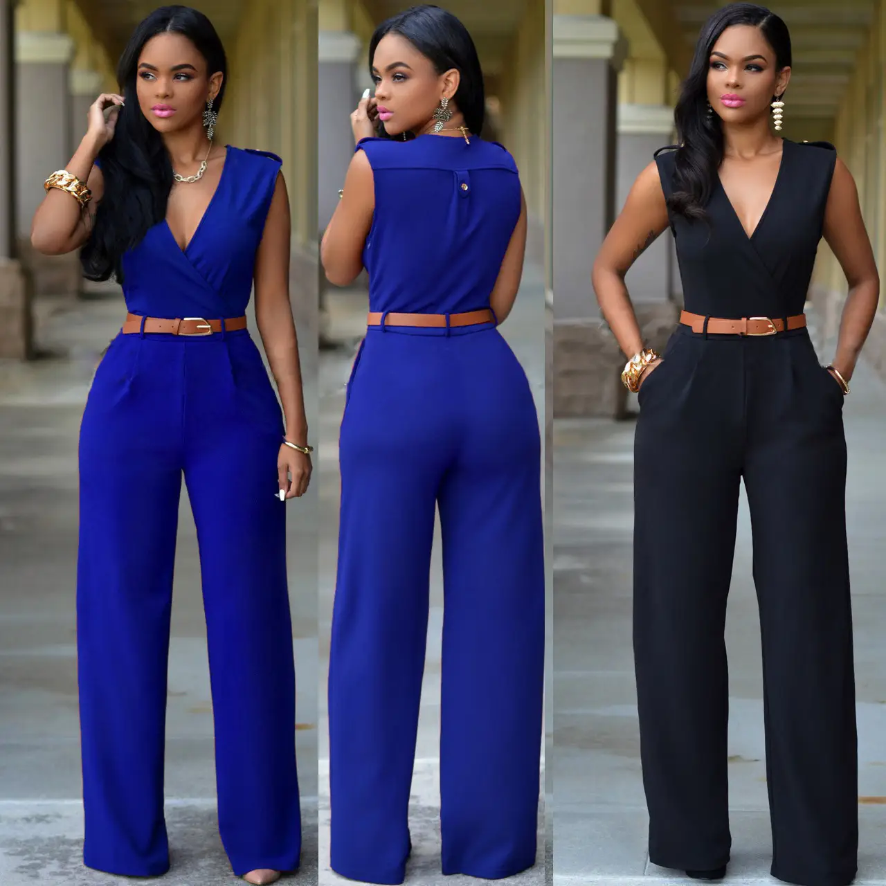 Women V-Neck Sleeveless Jumpsuit Red Green Pants Set - Image 13