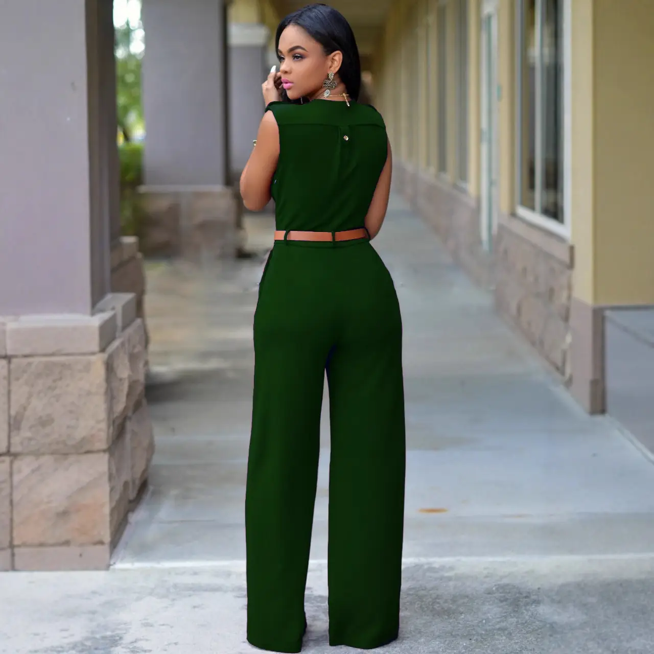 Women V-Neck Sleeveless Jumpsuit Red Green Pants Set - Image 15