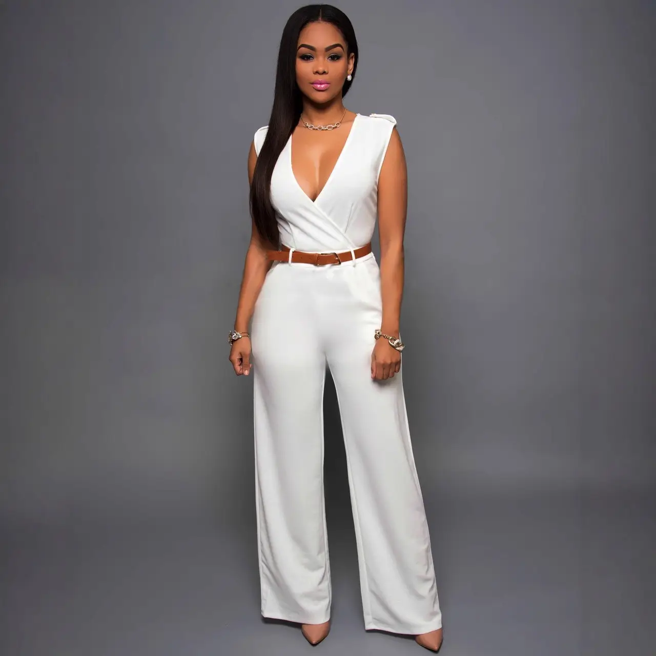 Women V-Neck Sleeveless Jumpsuit Red Green Pants Set - Image 16