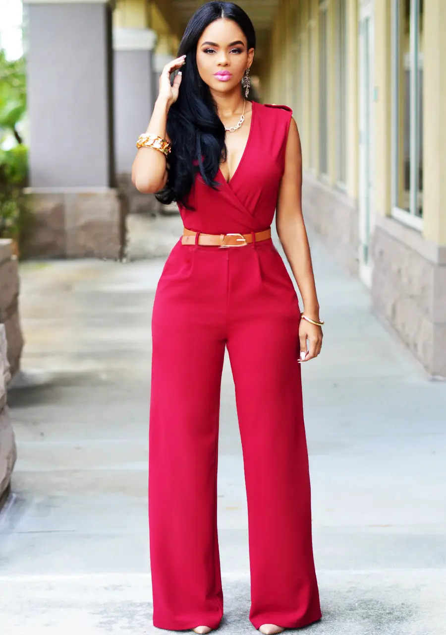 Women V-Neck Sleeveless Jumpsuit Red Green Pants Set - Image 2