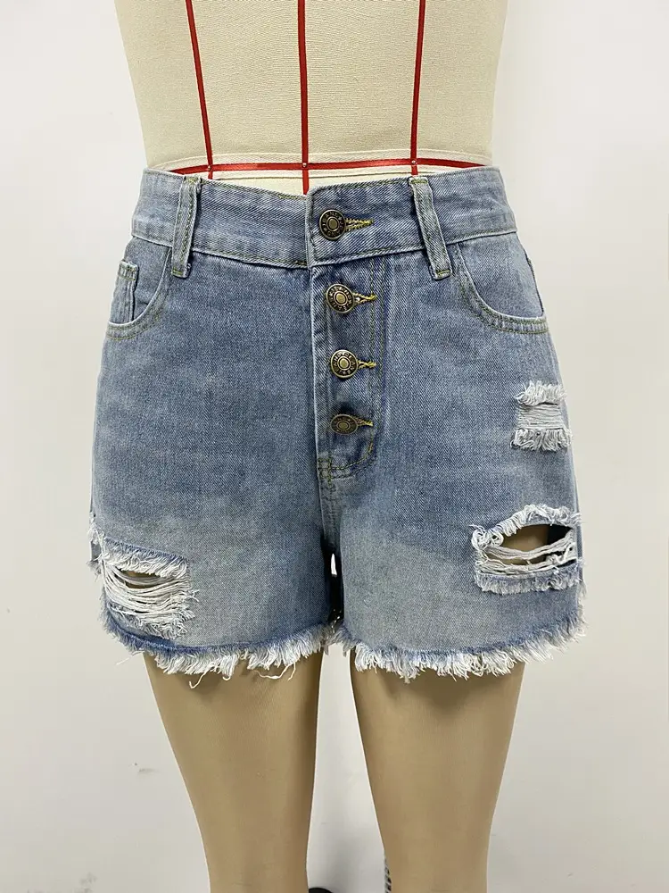 Women Denim Shorts Mid Waist Button Fly Wash Ripped Wide Leg — feature 6
