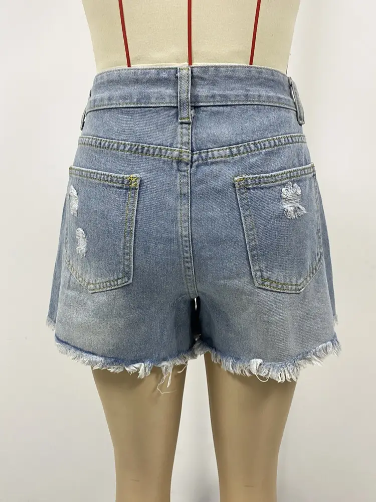 Women Denim Shorts Mid Waist Button Fly Wash Ripped Wide Leg — feature 8