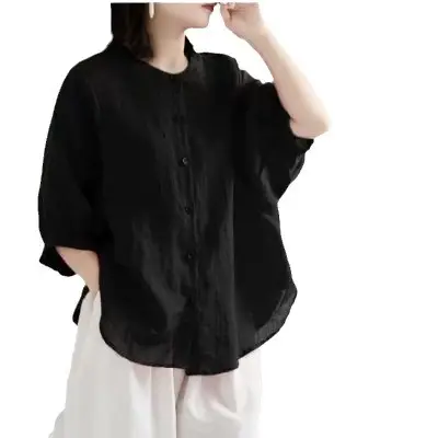 Women's Black Sleeveless Shirt Large Cotton Linen - Image 10