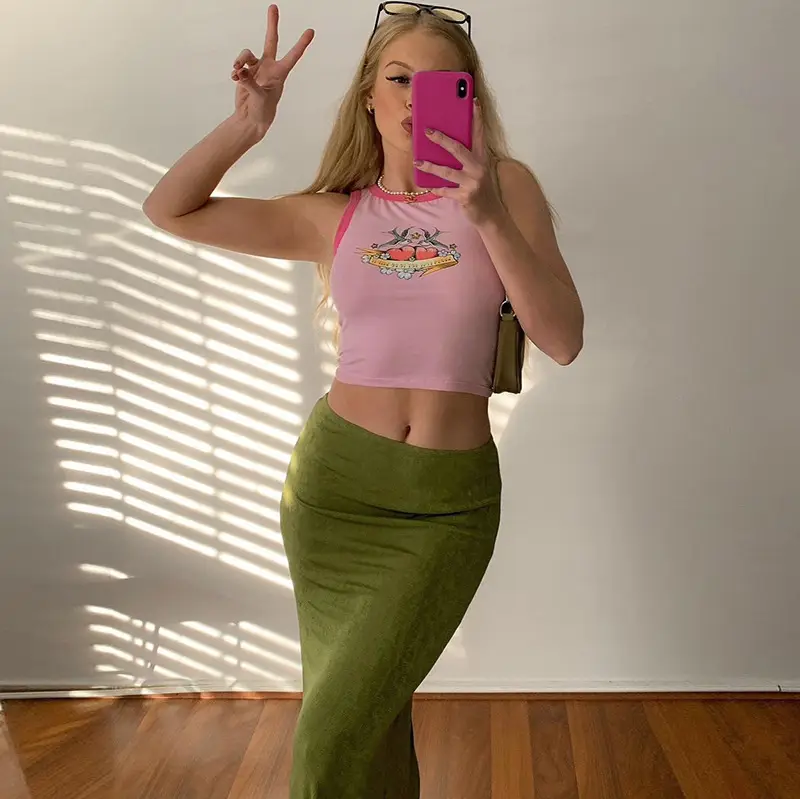 Women Pink Crop Top Olive Leggings Set Low Waist Long - Image 5