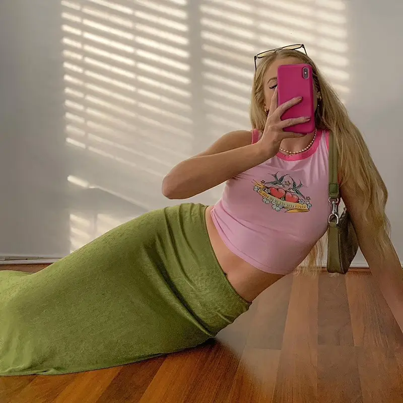 Women Pink Crop Top Olive Leggings Set Low Waist Long - Image 2