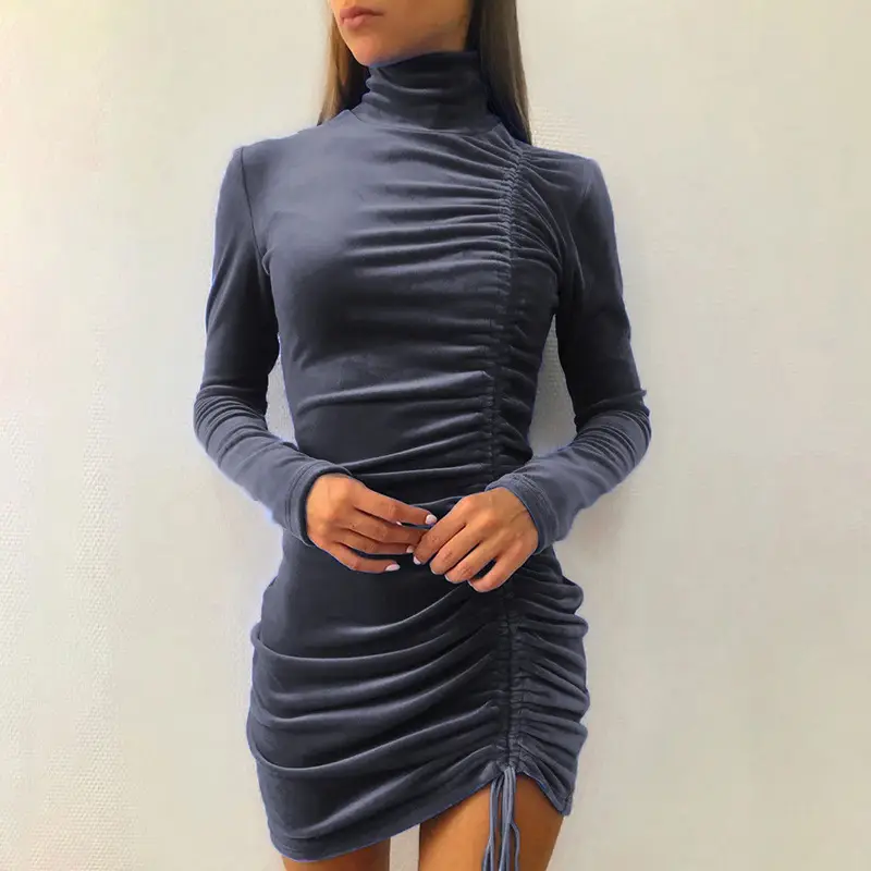 Purple Suede High Neck Long Sleeve Dress for Women