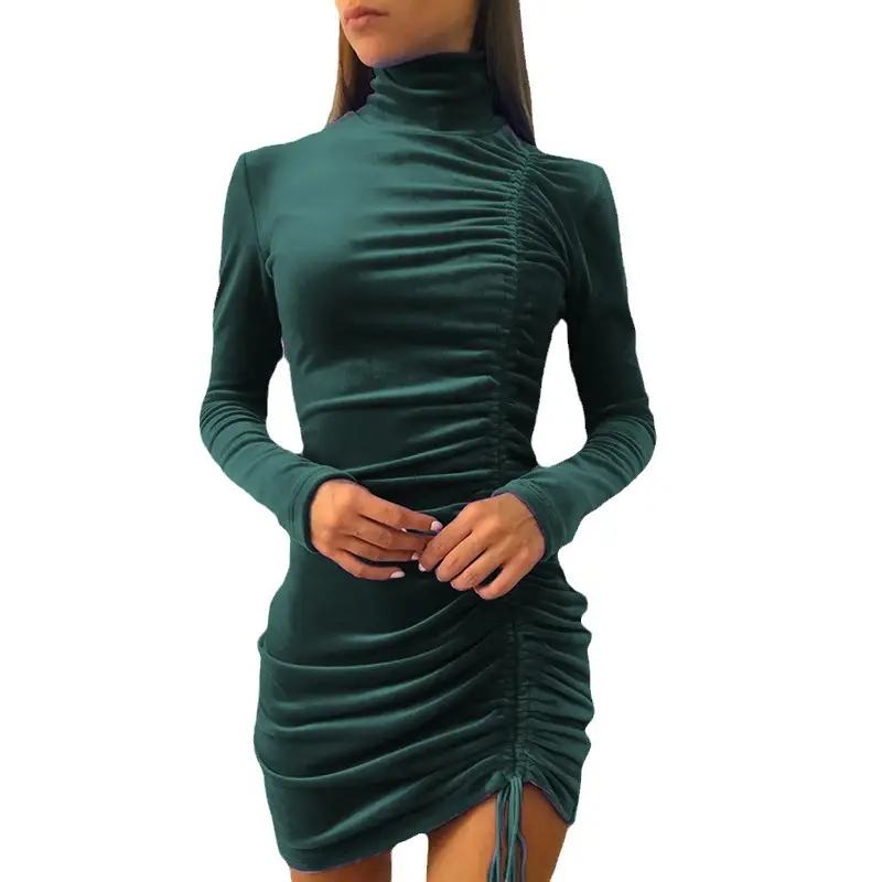 Purple Suede High Neck Long Sleeve Dress for Women