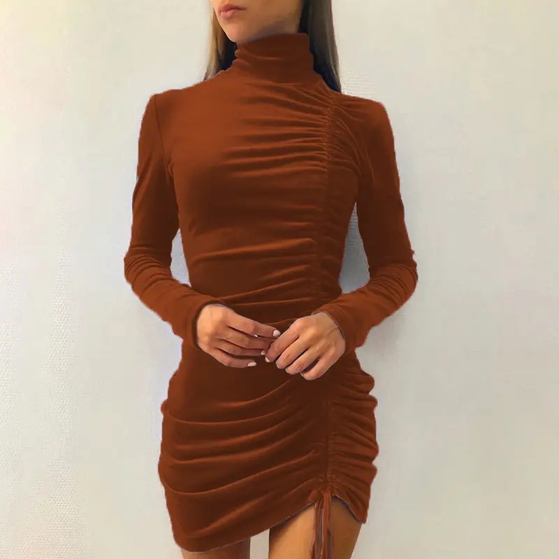 Purple Suede High Neck Long Sleeve Dress for Women
