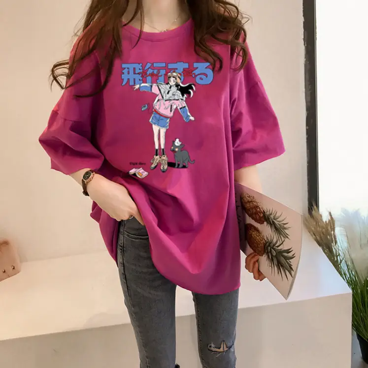 Women Japanese Cartoon Print Loose White T-Shirt 2025 - Image 9