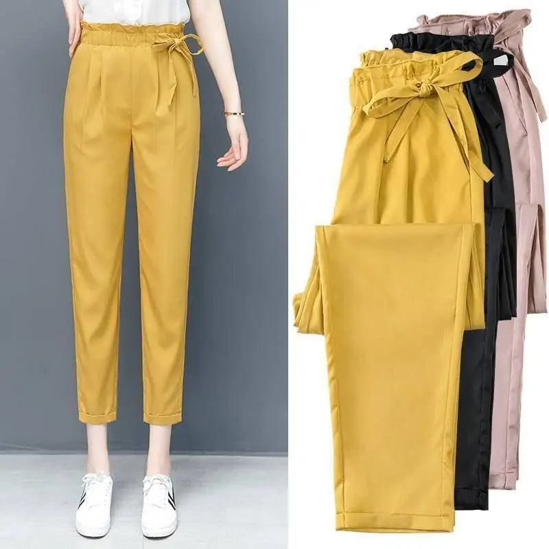 Women's Korean Style Flower Waist Pants Yellow Nine Point Carrot - Image 4