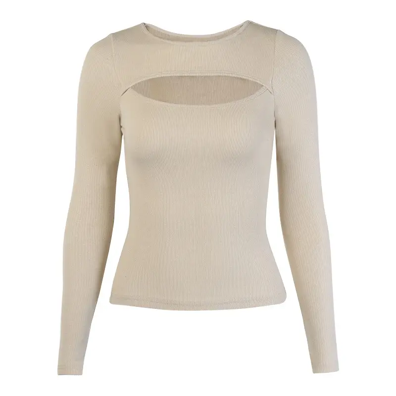 Pink Cut Out Long Sleeve Ribbed T-Shirt for Women - Image 10