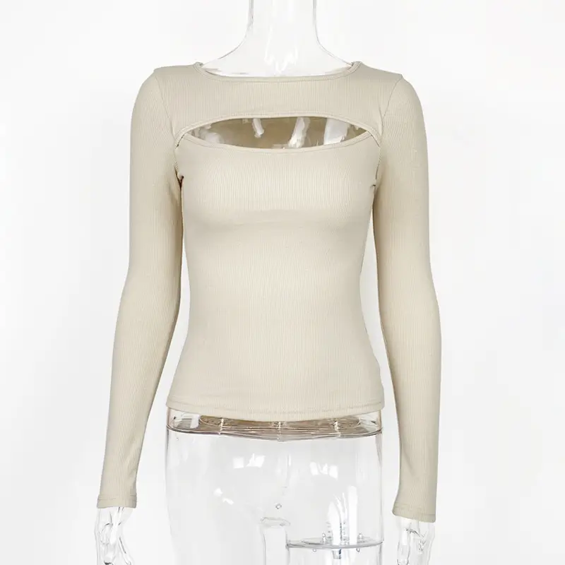 Pink Cut Out Long Sleeve Ribbed T-Shirt for Women - Image 5