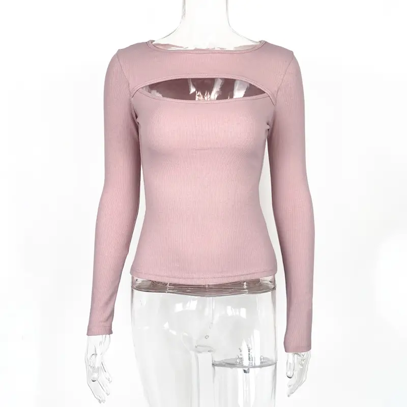 Pink Cut Out Long Sleeve Ribbed T-Shirt for Women - Image 2