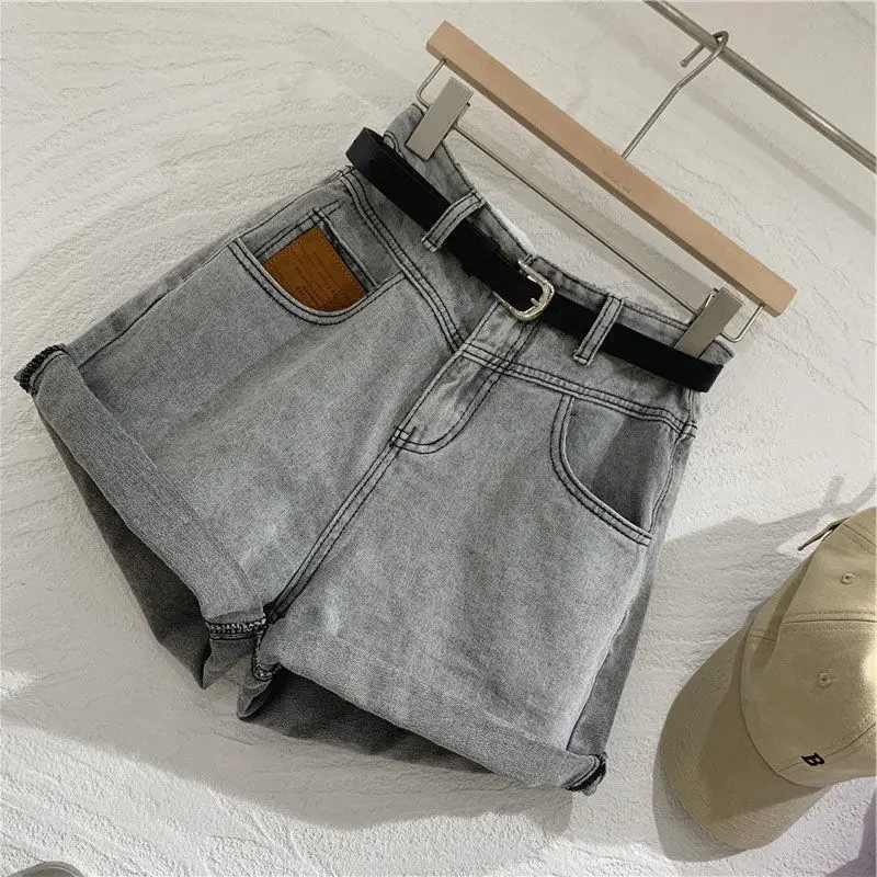 White Gray Denim Shorts High Waist Loose Fit - Image 3