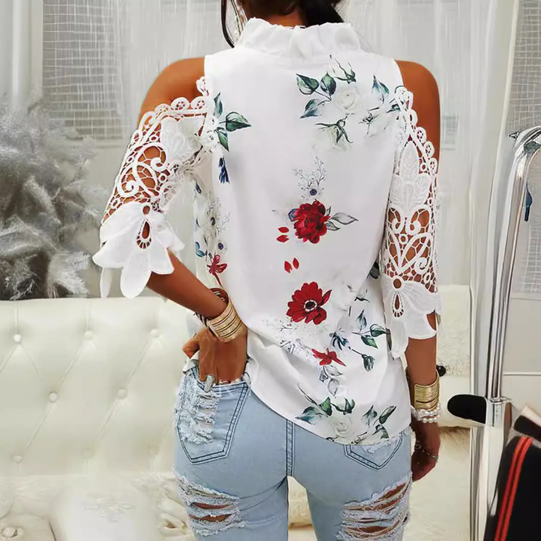 2023 Green Floral Off-Shoulder Lace Sleeves T-Shirt for Women