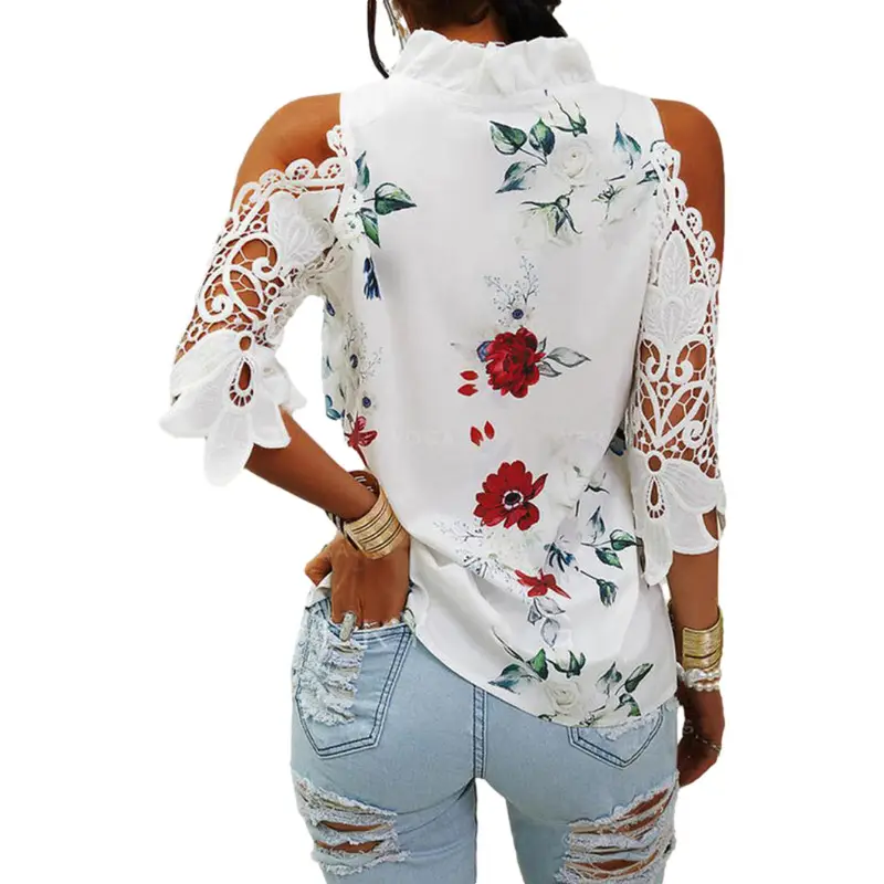 2023 Green Floral Off-Shoulder Lace Sleeves T-Shirt for Women
